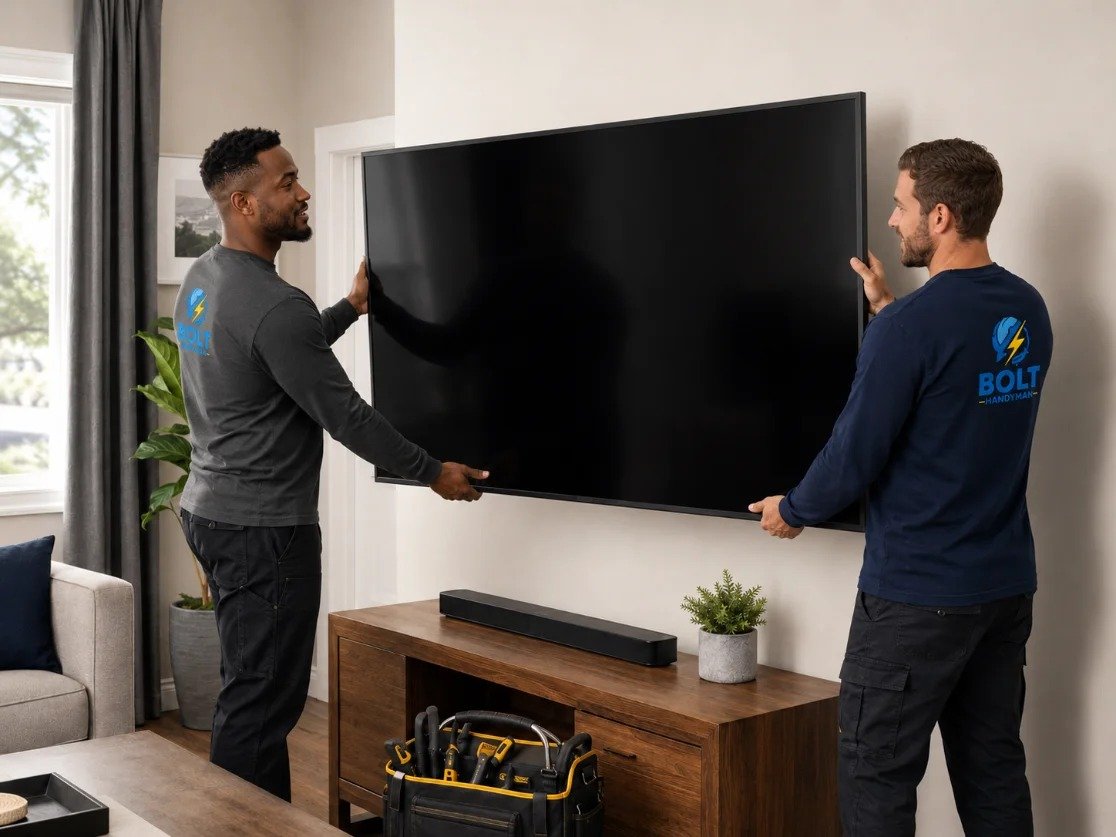Two Bolt Handyman technicians mounting a television